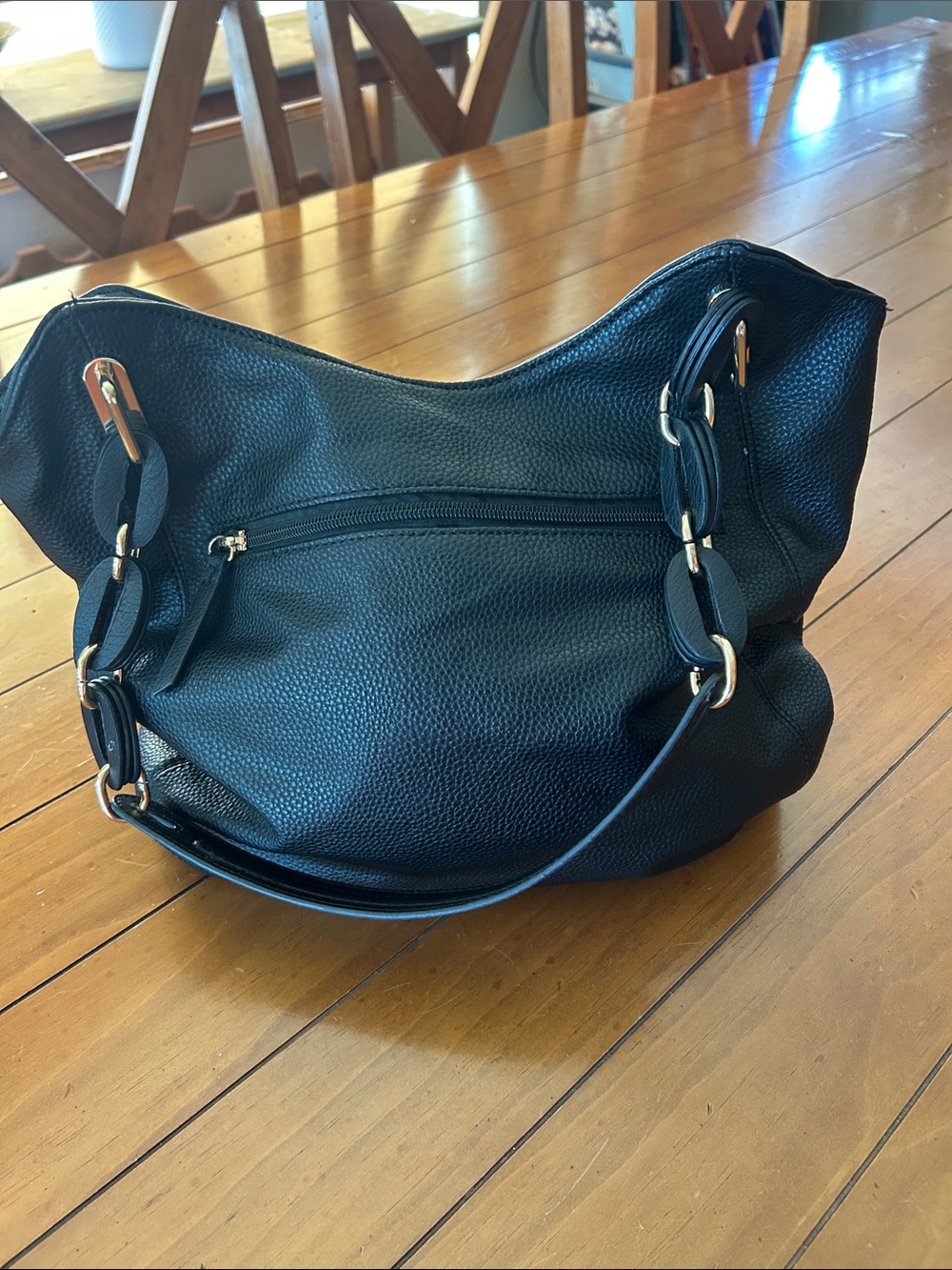 Kelly & Katie Black Pebbled Hobo Shoulder Bag with Gold Accents